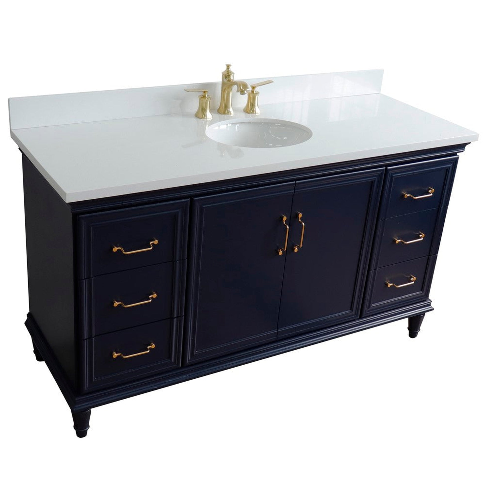 Bellaterra Home Forli 61" 2-Door 6-Drawer Blue Freestanding Vanity Set With Ceramic Undermount Oval Sink and White Quartz Top