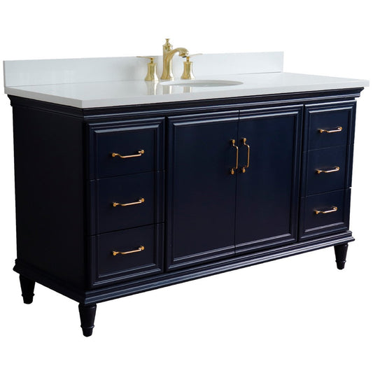 Bellaterra Home Forli 61" 2-Door 6-Drawer Blue Freestanding Vanity Set With Ceramic Undermount Oval Sink and White Quartz Top