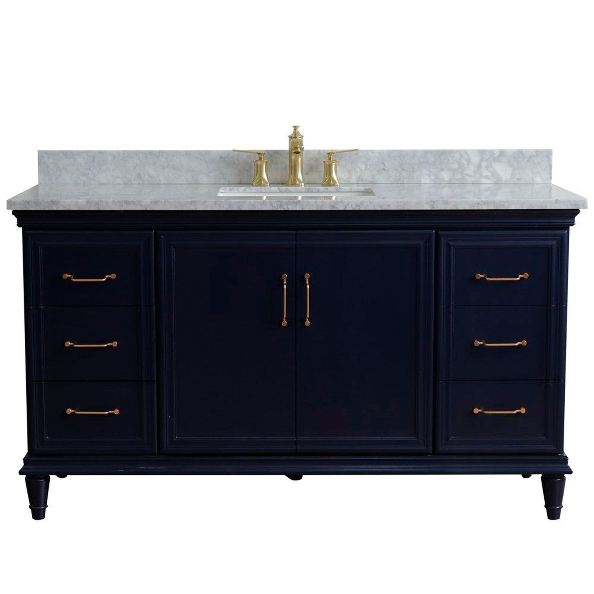 Bellaterra Home Forli 61" 2-Door 6-Drawer Blue Freestanding Vanity Set With Ceramic Undermount Rectangular Sink and White Carrara Marble Top