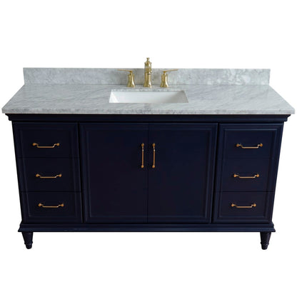 Bellaterra Home Forli 61" 2-Door 6-Drawer Blue Freestanding Vanity Set With Ceramic Undermount Rectangular Sink and White Carrara Marble Top