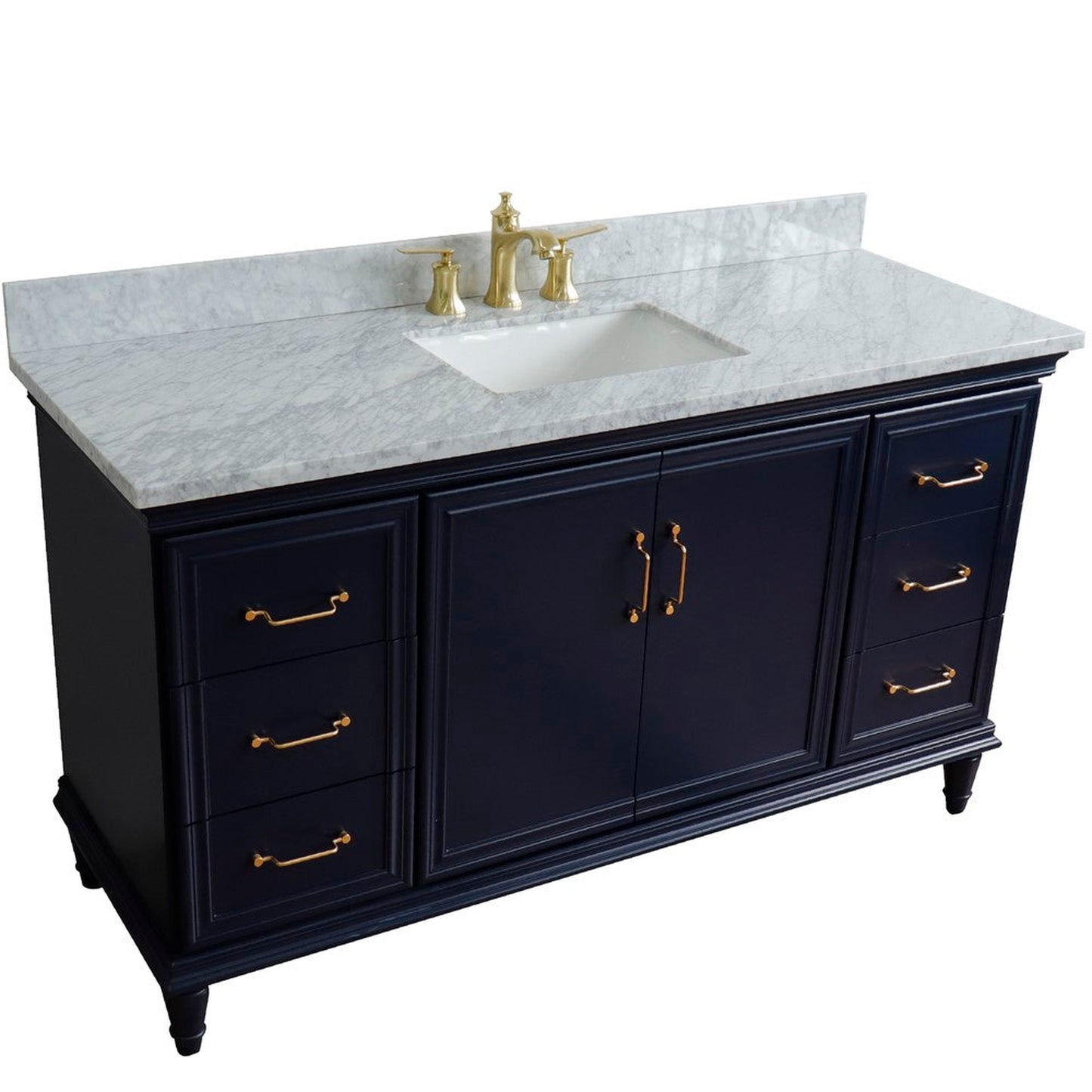 Bellaterra Home Forli 61" 2-Door 6-Drawer Blue Freestanding Vanity Set With Ceramic Undermount Rectangular Sink and White Carrara Marble Top