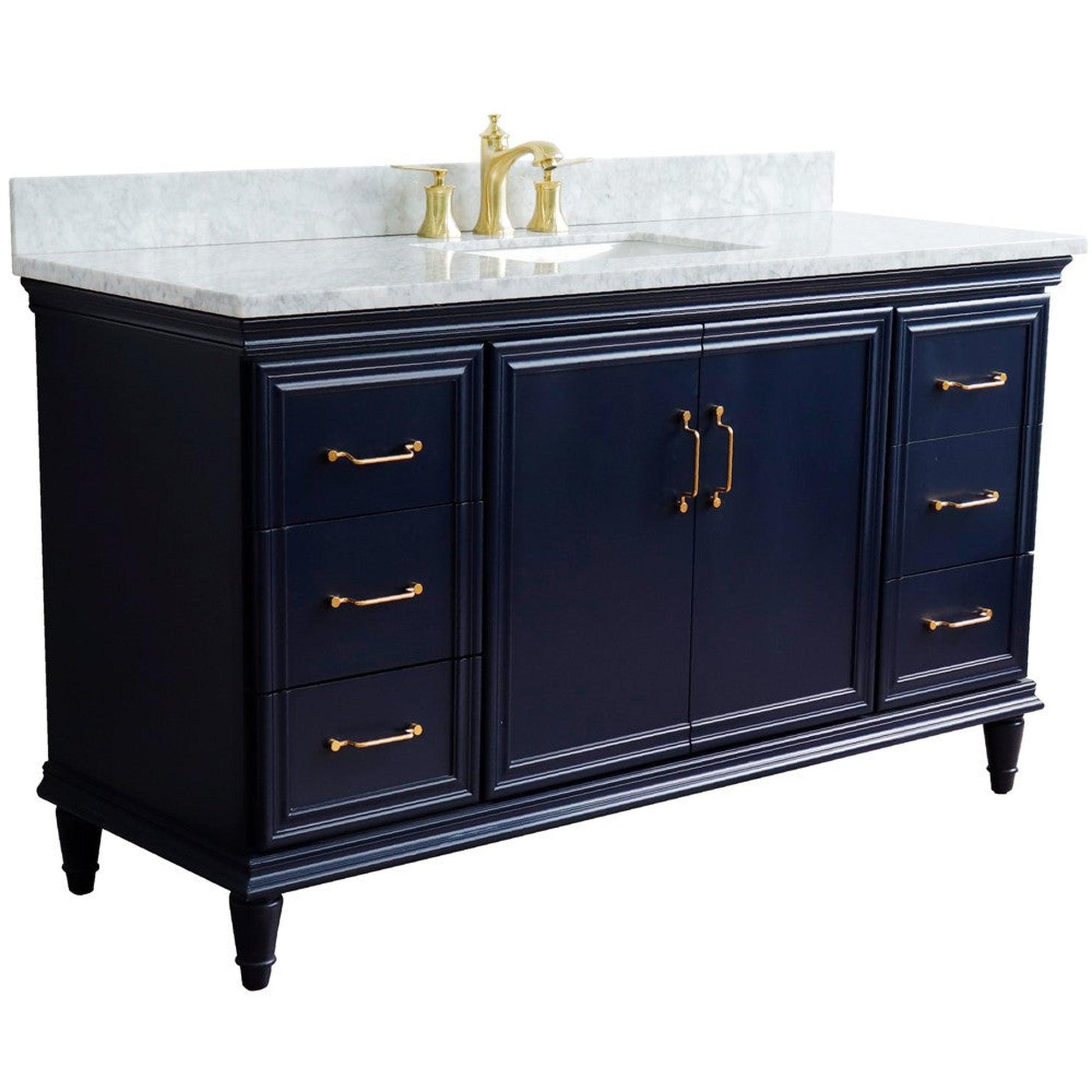 Bellaterra Home Forli 61" 2-Door 6-Drawer Blue Freestanding Vanity Set With Ceramic Undermount Rectangular Sink and White Carrara Marble Top