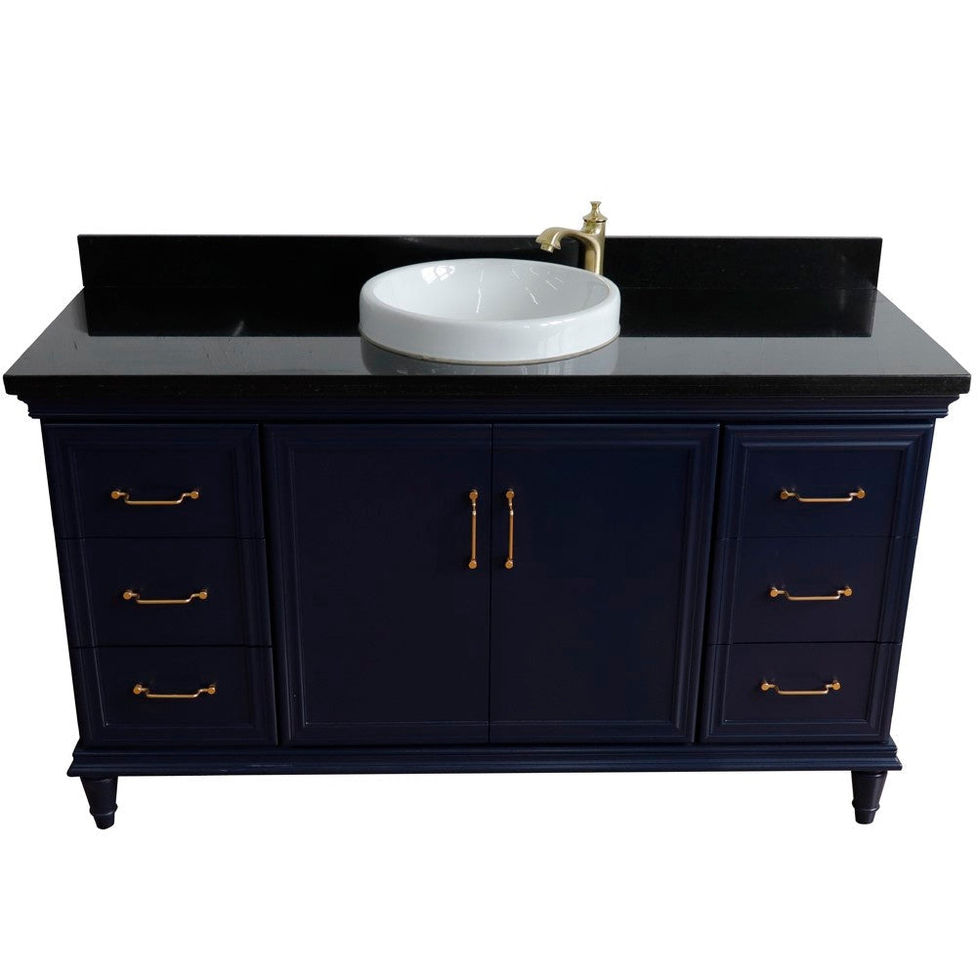 Bellaterra Home Forli 61" 2-Door 6-Drawer Blue Freestanding Vanity Set With Ceramic Vessel Sink and Black Galaxy Granite Top