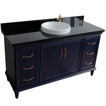 Bellaterra Home Forli 61" 2-Door 6-Drawer Blue Freestanding Vanity Set With Ceramic Vessel Sink and Black Galaxy Granite Top