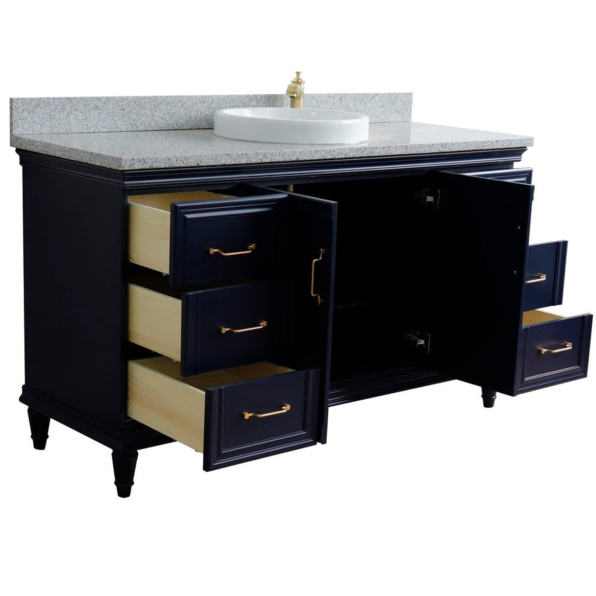 Bellaterra Home Forli 61" 2-Door 6-Drawer Blue Freestanding Vanity Set With Ceramic Vessel Sink and Gray Granite Top