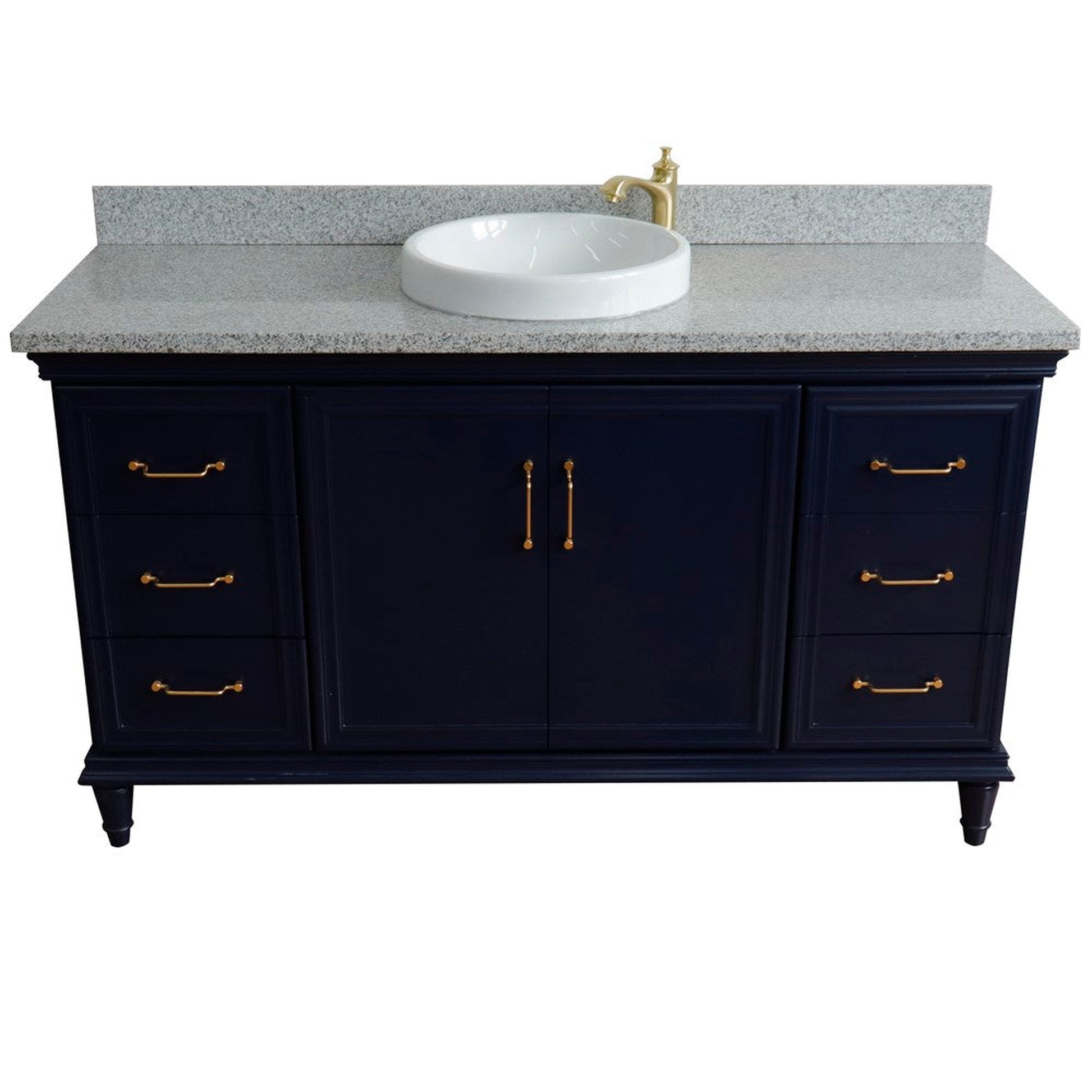 Bellaterra Home Forli 61" 2-Door 6-Drawer Blue Freestanding Vanity Set With Ceramic Vessel Sink and Gray Granite Top