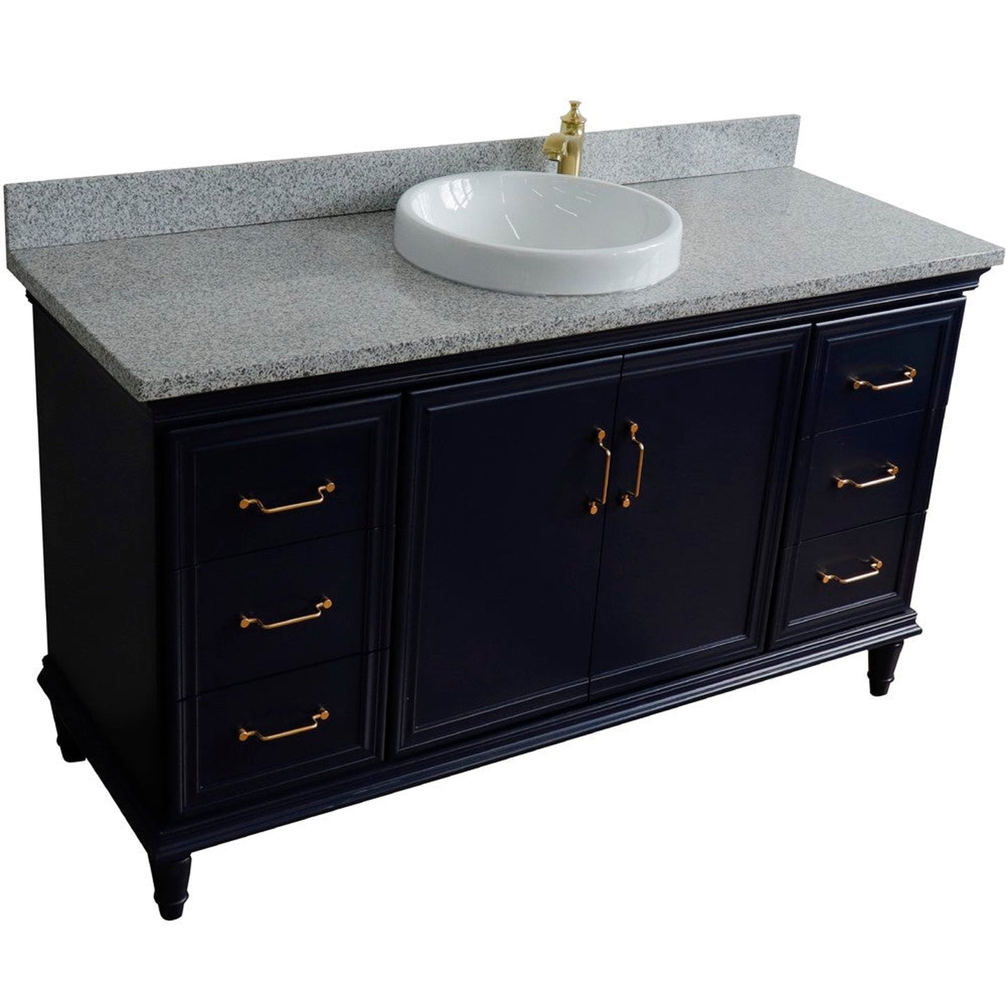 Bellaterra Home Forli 61" 2-Door 6-Drawer Blue Freestanding Vanity Set With Ceramic Vessel Sink and Gray Granite Top