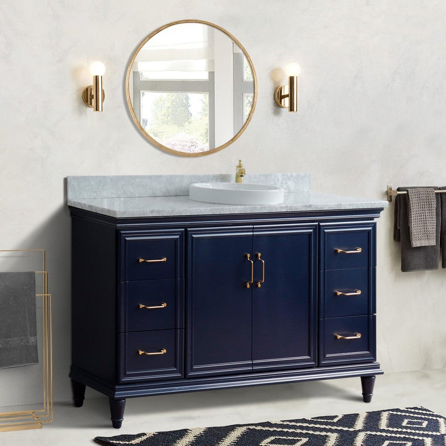Bellaterra Home Forli 61" 2-Door 6-Drawer Blue Freestanding Vanity Set With Ceramic Vessel Sink and White Carrara Marble Top