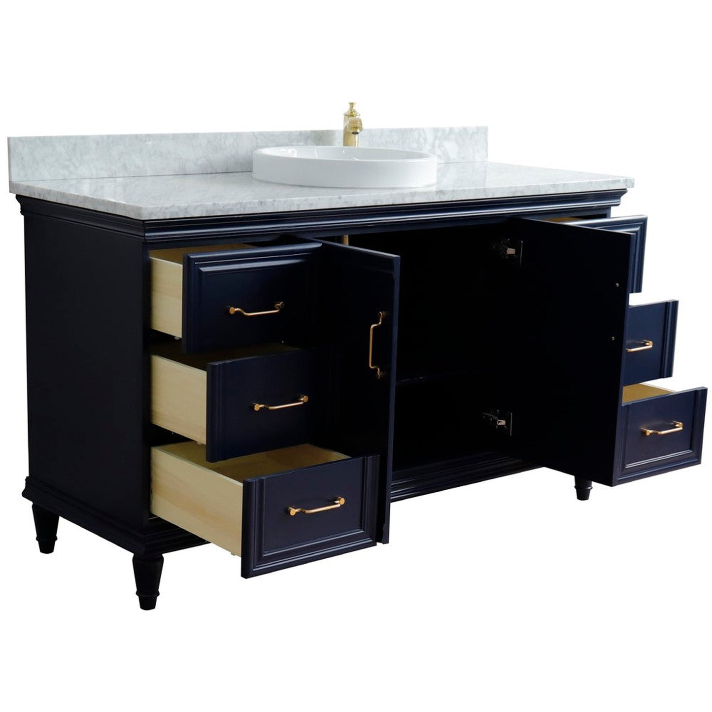 Bellaterra Home Forli 61" 2-Door 6-Drawer Blue Freestanding Vanity Set With Ceramic Vessel Sink and White Carrara Marble Top