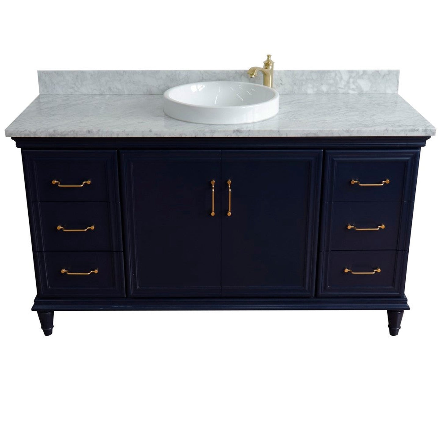 Bellaterra Home Forli 61" 2-Door 6-Drawer Blue Freestanding Vanity Set With Ceramic Vessel Sink and White Carrara Marble Top