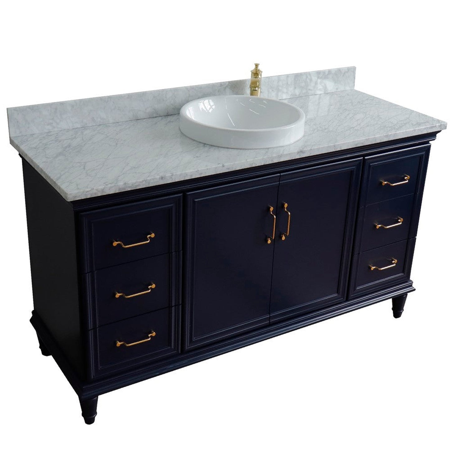 Bellaterra Home Forli 61" 2-Door 6-Drawer Blue Freestanding Vanity Set With Ceramic Vessel Sink and White Carrara Marble Top