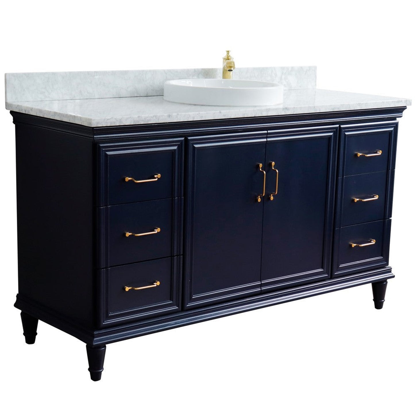 Bellaterra Home Forli 61" 2-Door 6-Drawer Blue Freestanding Vanity Set With Ceramic Vessel Sink and White Carrara Marble Top