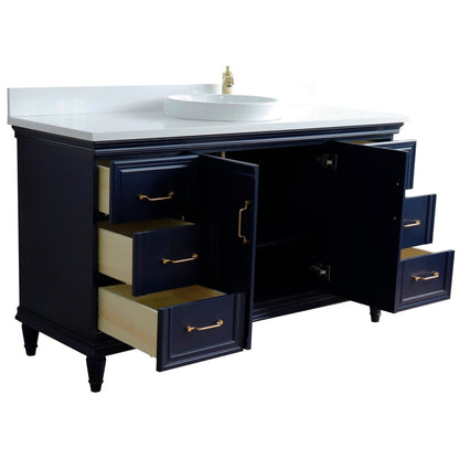 Bellaterra Home Forli 61" 2-Door 6-Drawer Blue Freestanding Vanity Set With Ceramic Vessel Sink and White Quartz Top