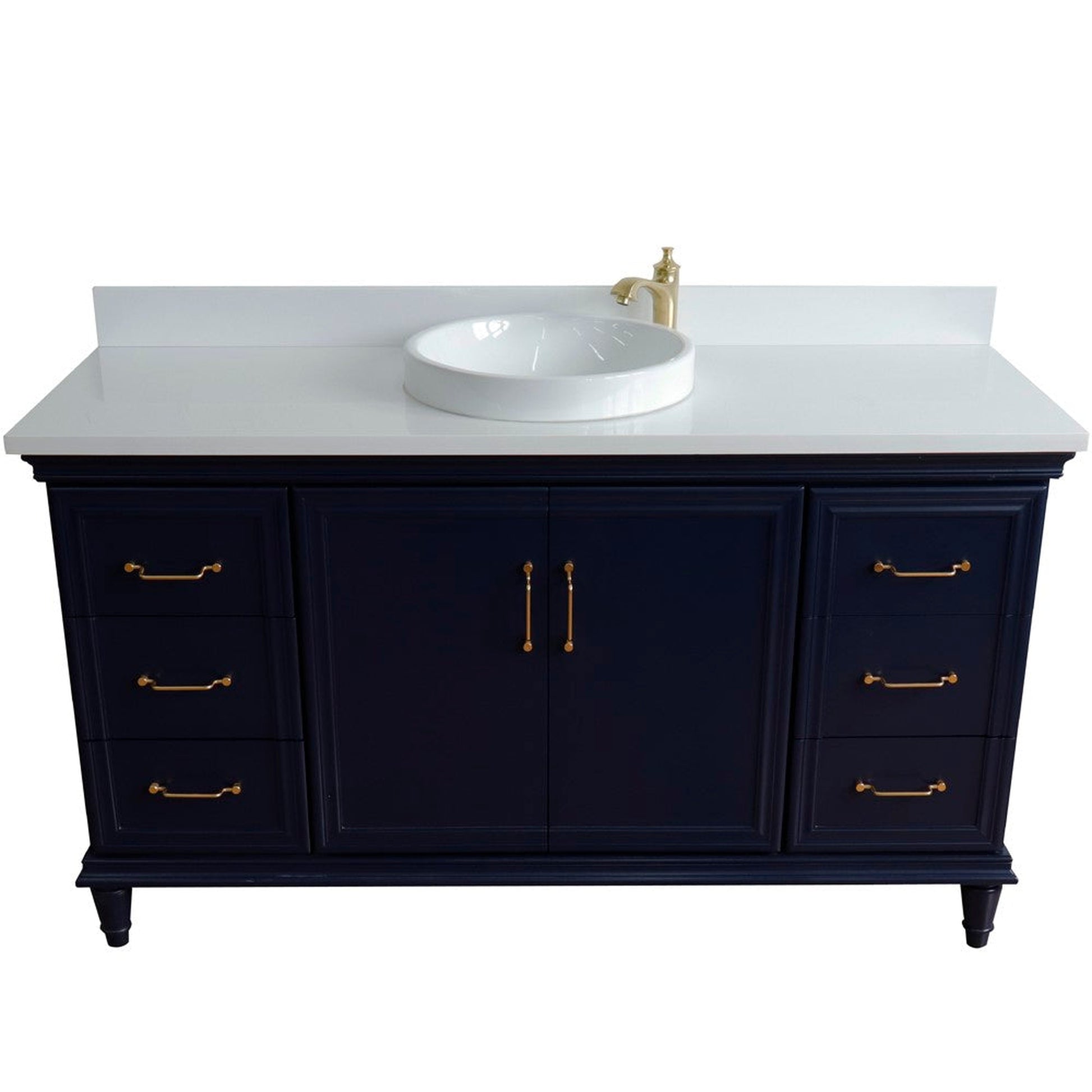 Bellaterra Home Forli 61" 2-Door 6-Drawer Blue Freestanding Vanity Set With Ceramic Vessel Sink and White Quartz Top