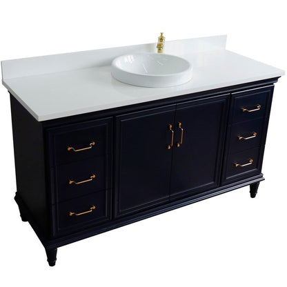 Bellaterra Home Forli 61" 2-Door 6-Drawer Blue Freestanding Vanity Set With Ceramic Vessel Sink and White Quartz Top