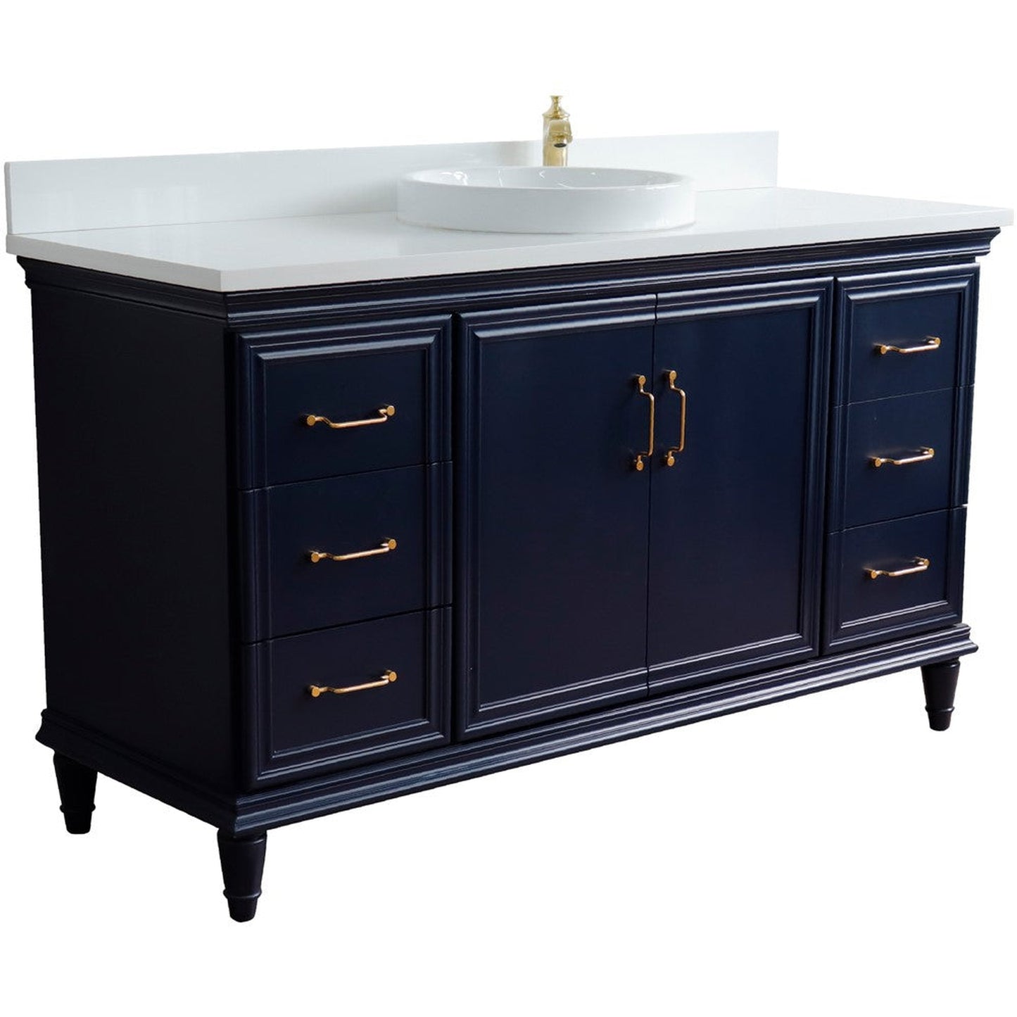 Bellaterra Home Forli 61" 2-Door 6-Drawer Blue Freestanding Vanity Set With Ceramic Vessel Sink and White Quartz Top