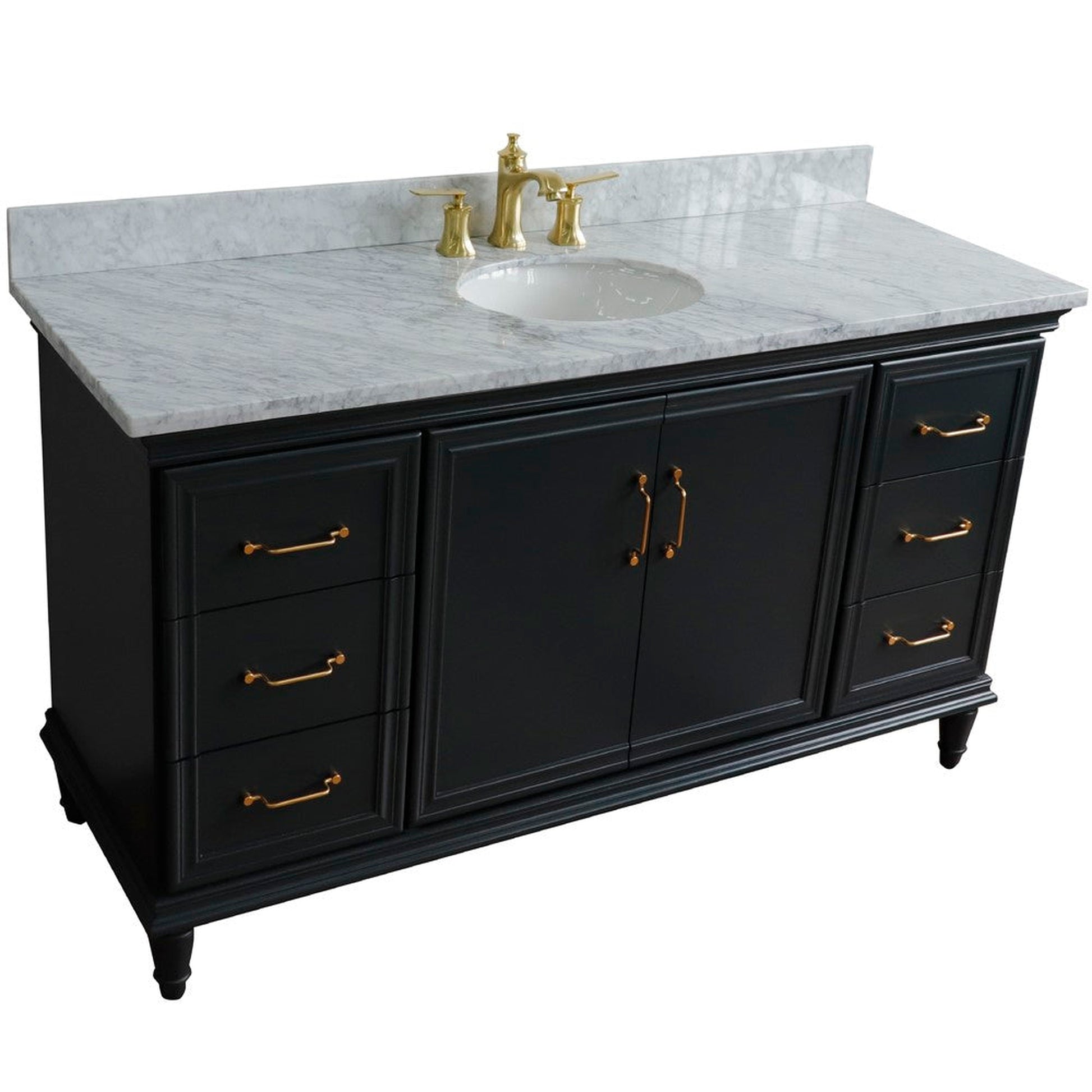 Bellaterra Home Forli 61" 2-Door 6-Drawer Dark Gray Freestanding Vanity Set With Ceramic Undermount Oval Sink and White Carrara Marble Top