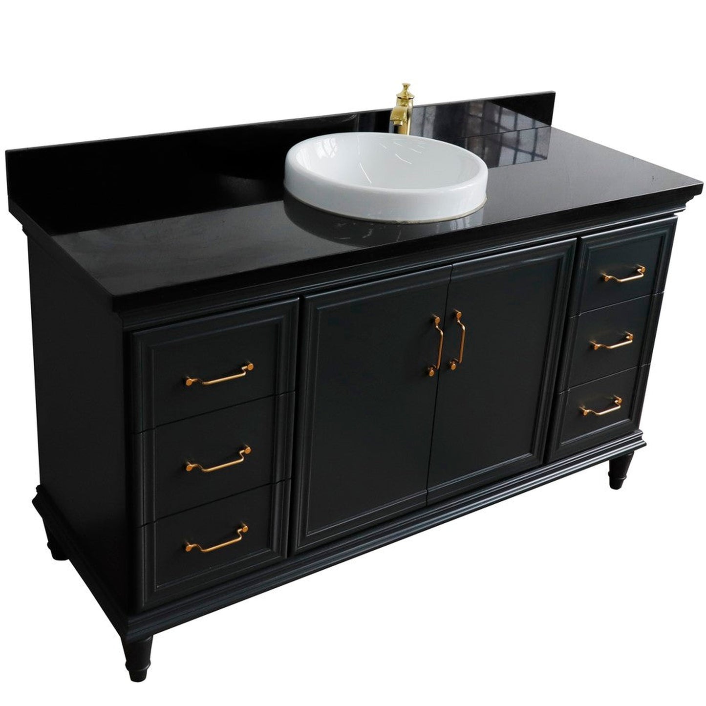 Bellaterra Home Forli 61" 2-Door 6-Drawer Dark Gray Freestanding Vanity Set With Ceramic Vessel Sink and Black Galaxy Granite Top