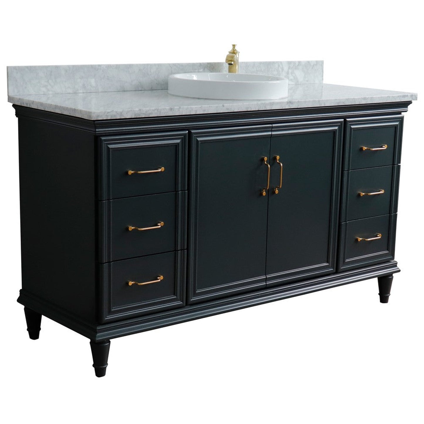 Bellaterra Home Forli 61" 2-Door 6-Drawer Dark Gray Freestanding Vanity Set With Ceramic Vessel Sink and White Carrara Marble Top