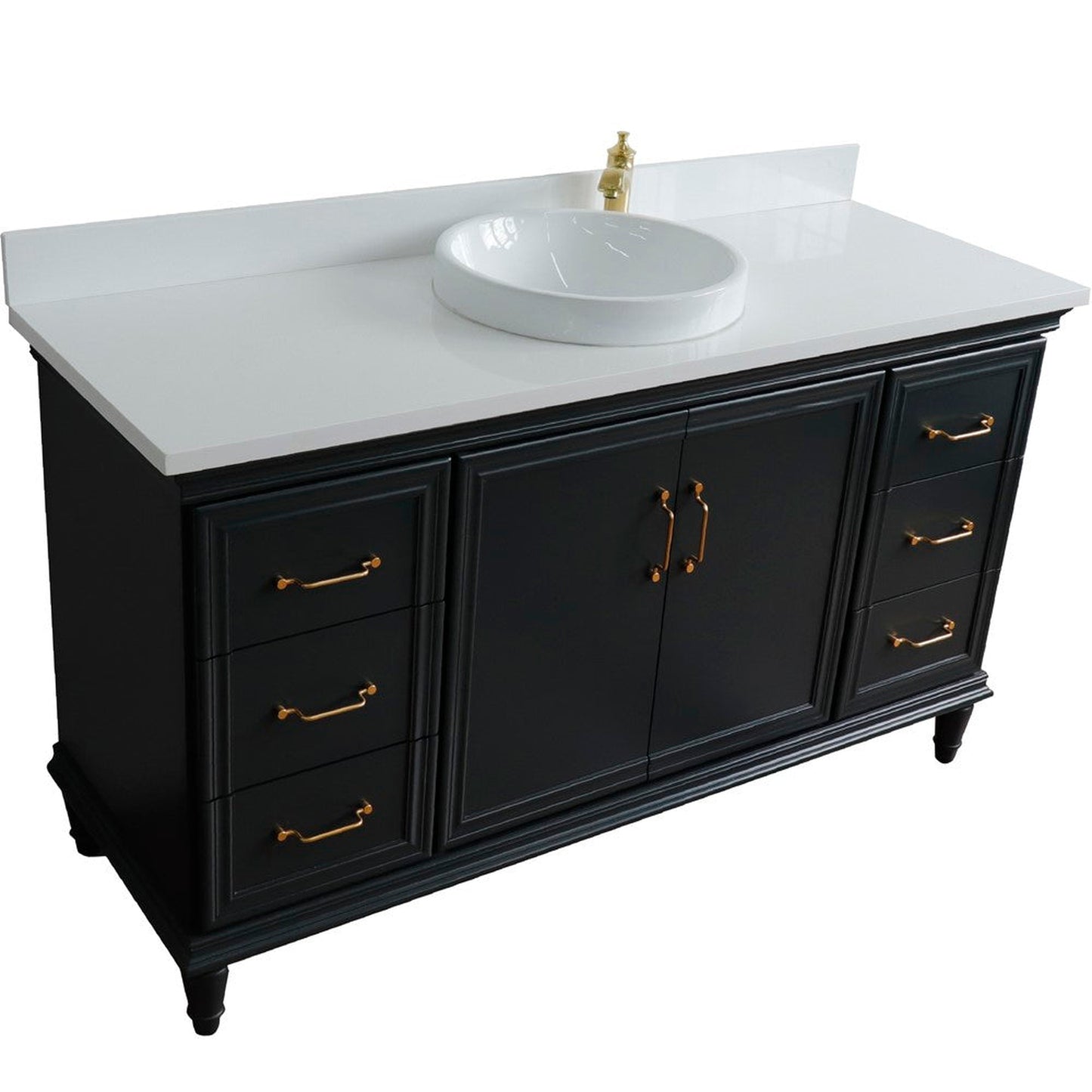 Bellaterra Home Forli 61" 2-Door 6-Drawer Dark Gray Freestanding Vanity Set With Ceramic Vessel Sink and White Quartz Top