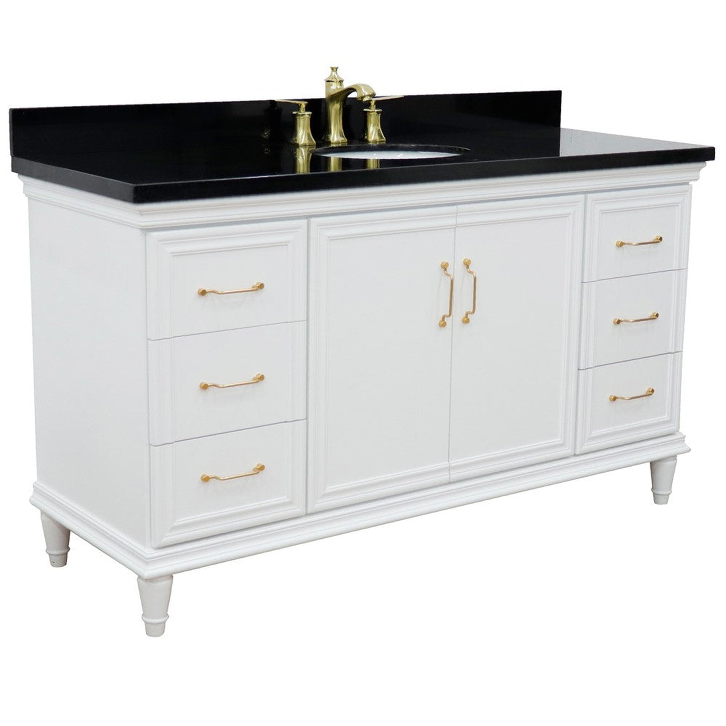 Bellaterra Home Forli 61" 2-Door 6-Drawer White Freestanding Vanity Set With Ceramic Undermount Oval Sink and Black Galaxy Granite Top