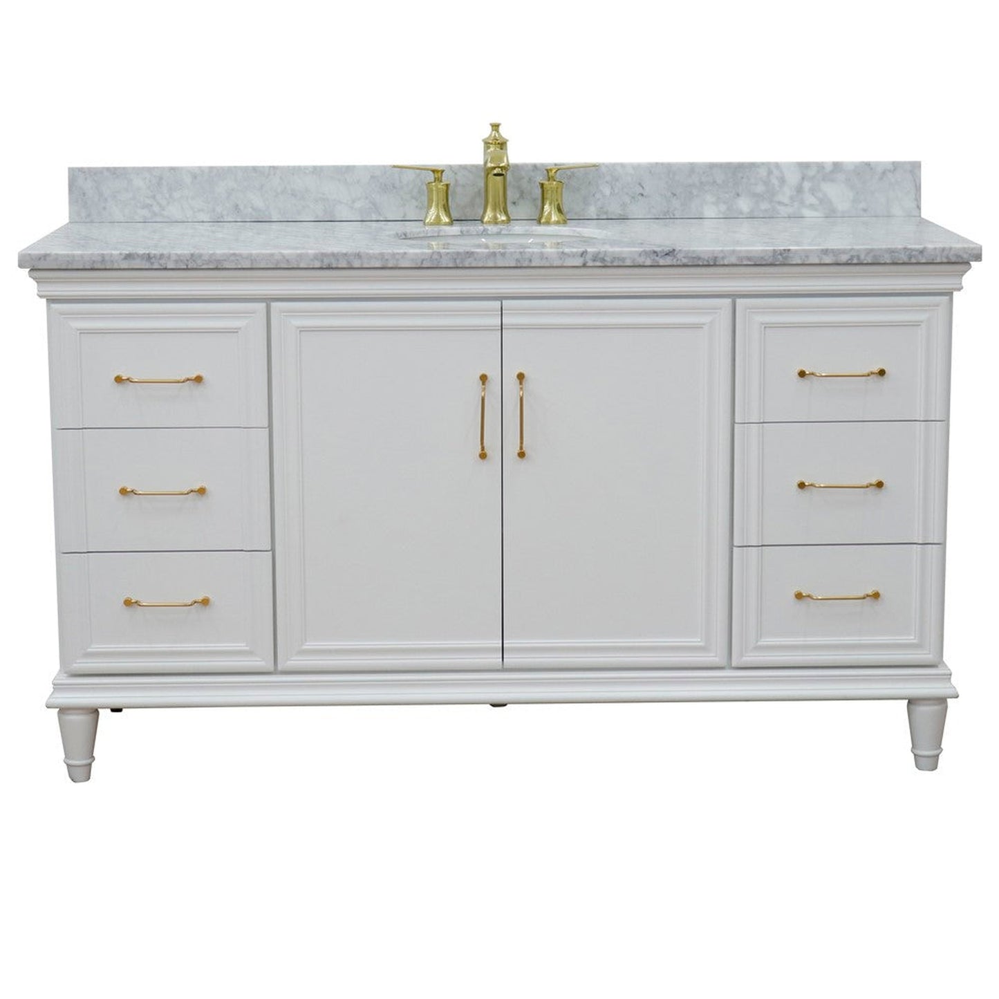 Bellaterra Home Forli 61" 2-Door 6-Drawer White Freestanding Vanity Set With Ceramic Undermount Oval Sink and White Carrara Marble Top