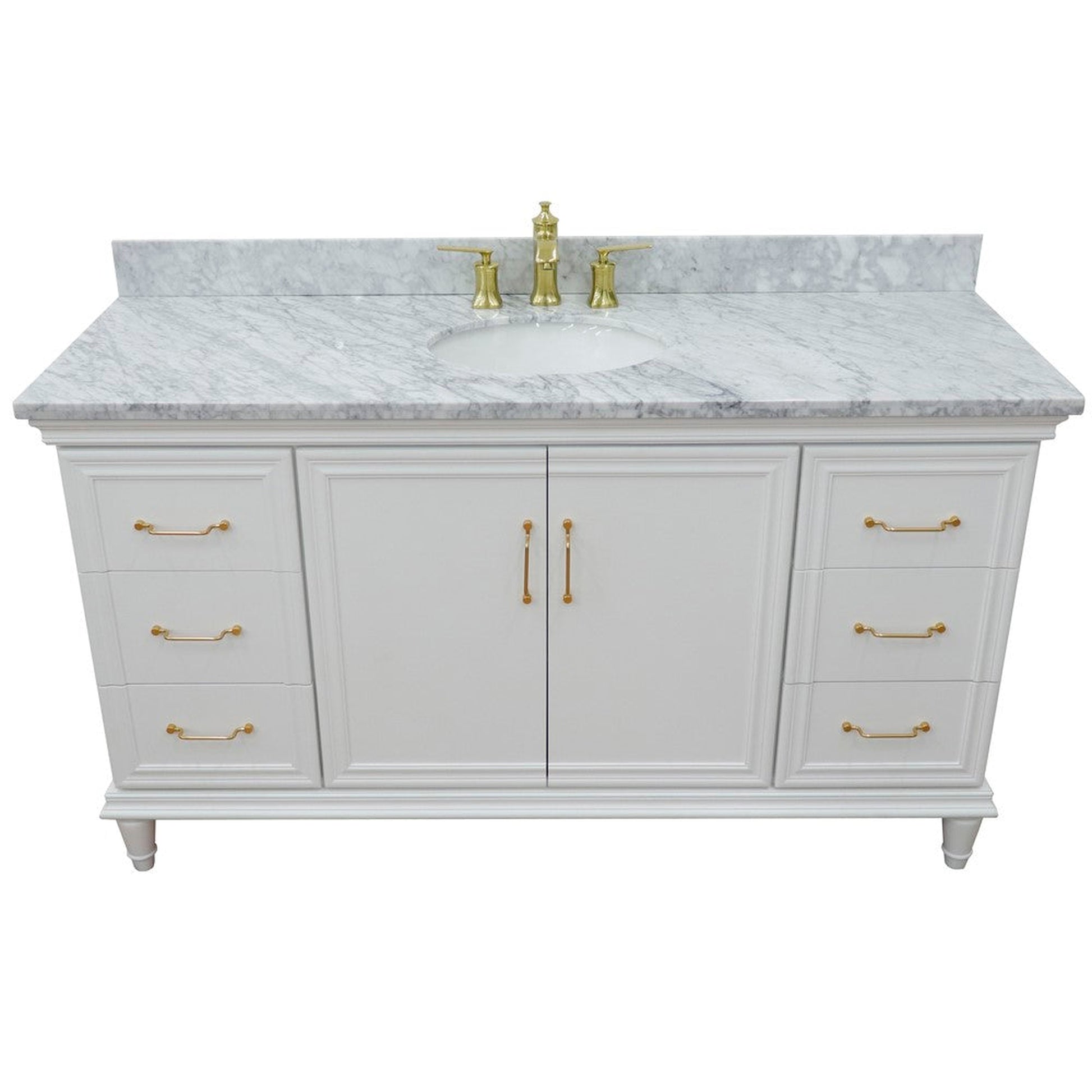 Bellaterra Home Forli 61" 2-Door 6-Drawer White Freestanding Vanity Set With Ceramic Undermount Oval Sink and White Carrara Marble Top