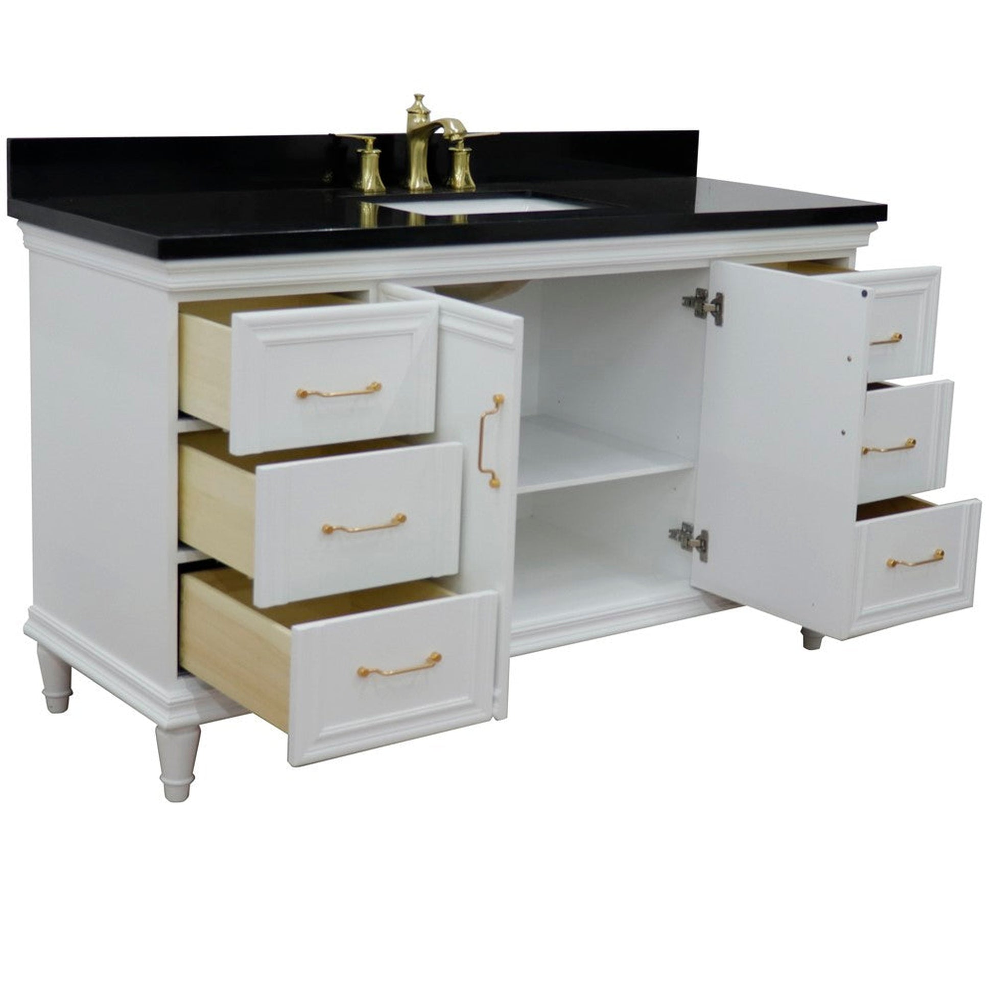 Bellaterra Home Forli 61" 2-Door 6-Drawer White Freestanding Vanity Set With Ceramic Undermount Rectangular Sink and Black Galaxy Granite Top