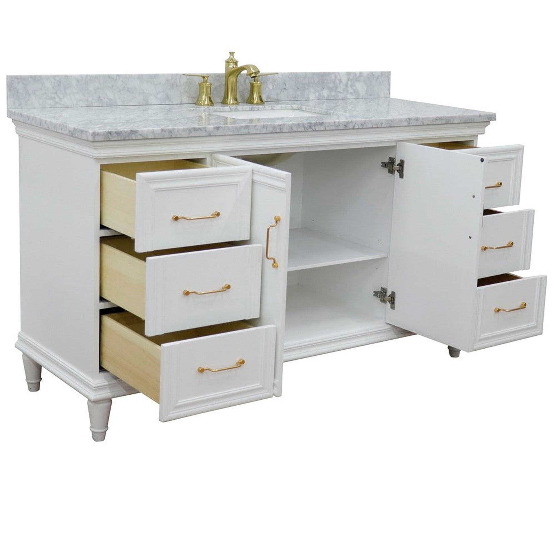 Bellaterra Home Forli 61" 2-Door 6-Drawer White Freestanding Vanity Set With Ceramic Undermount Rectangular Sink and White Carrara Marble Top