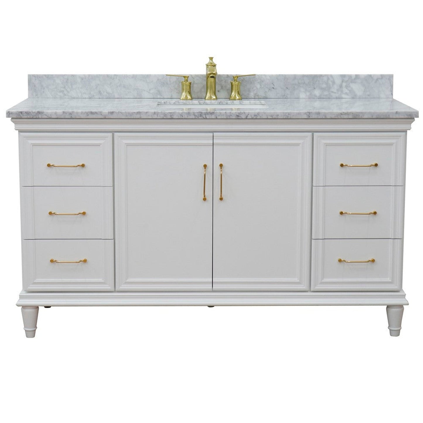 Bellaterra Home Forli 61" 2-Door 6-Drawer White Freestanding Vanity Set With Ceramic Undermount Rectangular Sink and White Carrara Marble Top