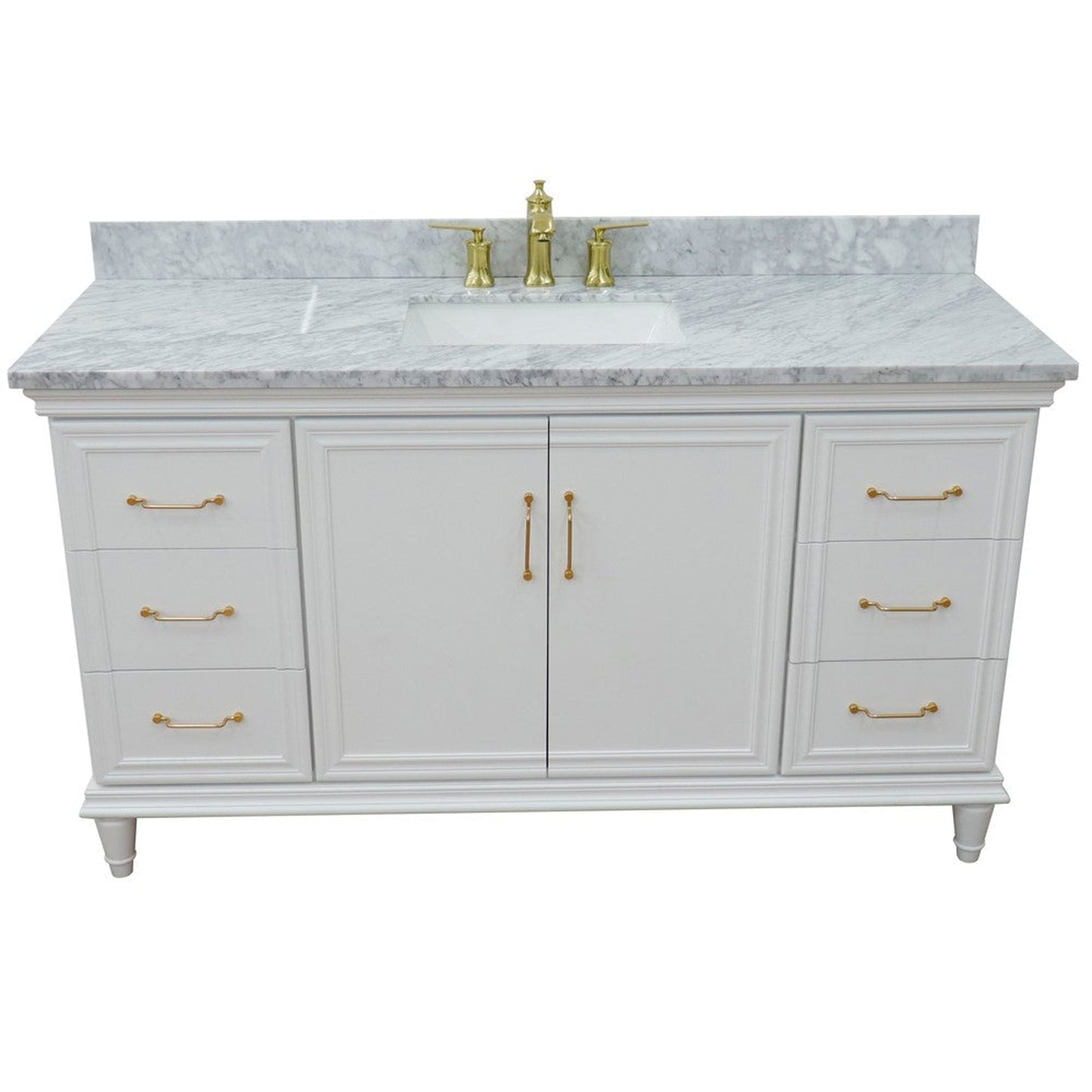 Bellaterra Home Forli 61" 2-Door 6-Drawer White Freestanding Vanity Set With Ceramic Undermount Rectangular Sink and White Carrara Marble Top