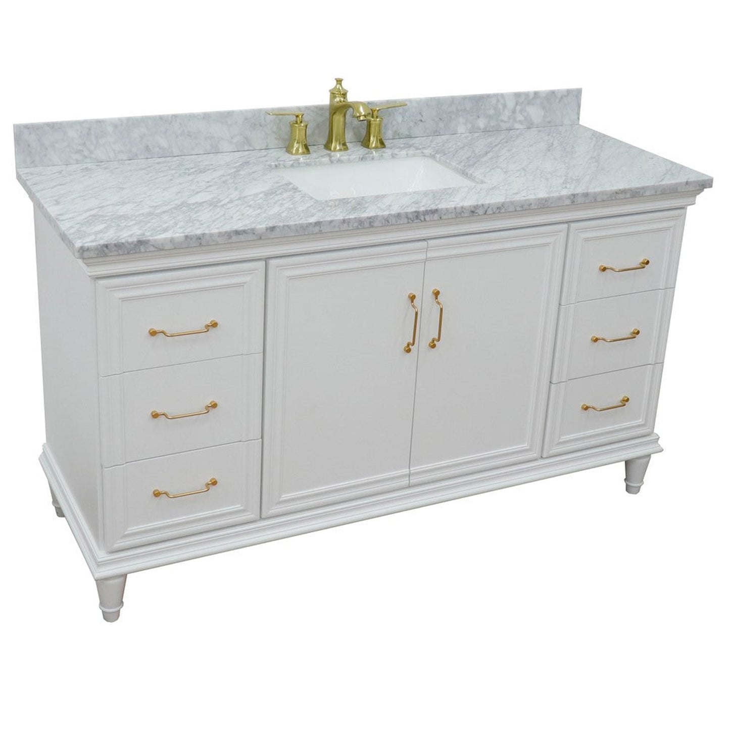 Bellaterra Home Forli 61" 2-Door 6-Drawer White Freestanding Vanity Set With Ceramic Undermount Rectangular Sink and White Carrara Marble Top