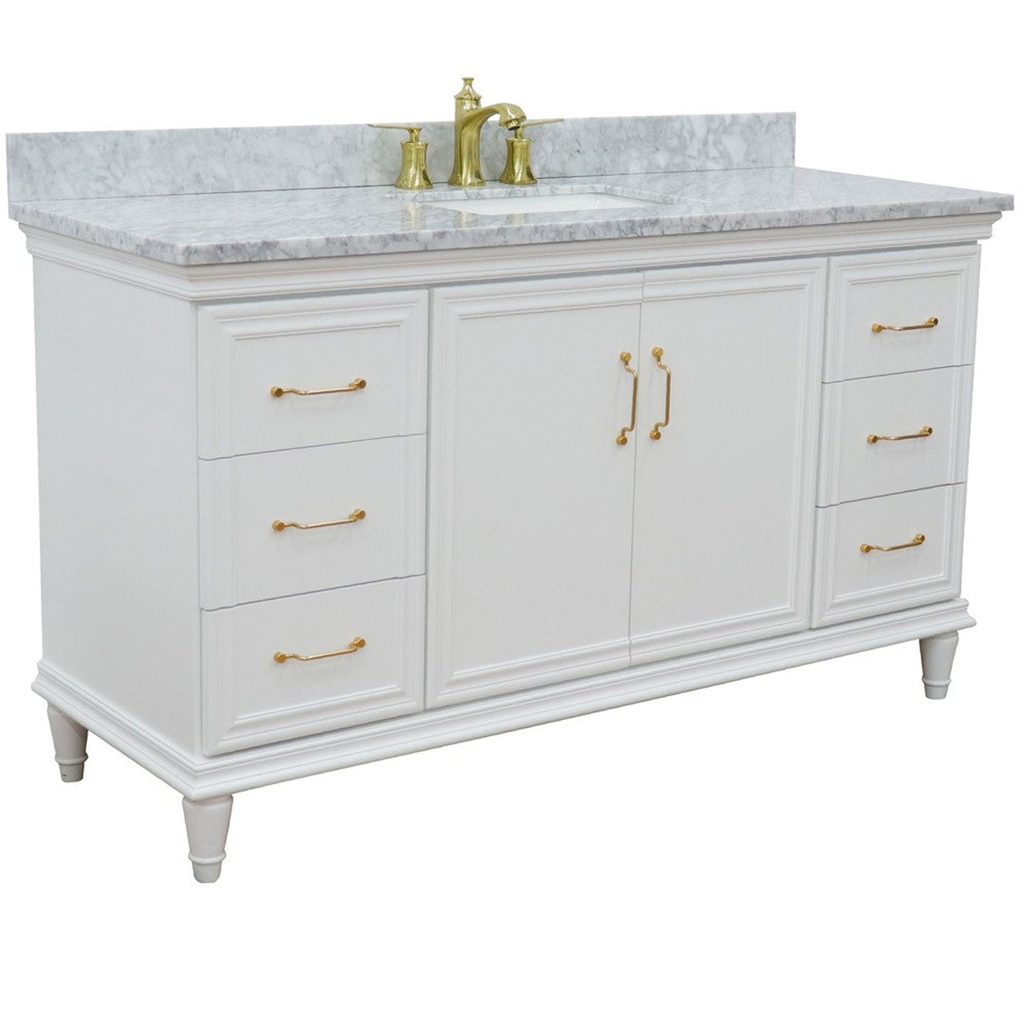 Bellaterra Home Forli 61" 2-Door 6-Drawer White Freestanding Vanity Set With Ceramic Undermount Rectangular Sink and White Carrara Marble Top