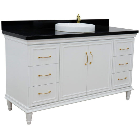 Bellaterra Home Forli 61" 2-Door 6-Drawer White Freestanding Vanity Set With Ceramic Vessel Sink and Black Galaxy Granite Top