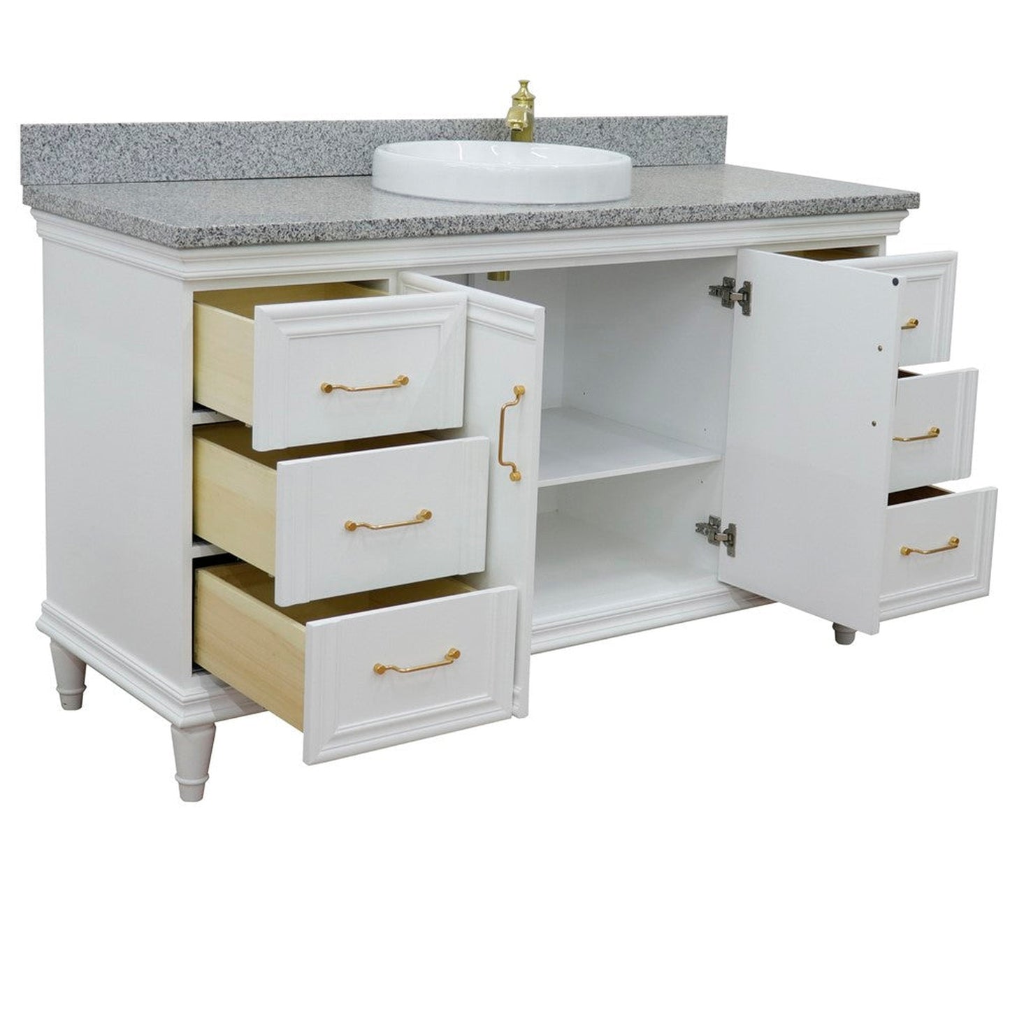 Bellaterra Home Forli 61" 2-Door 6-Drawer White Freestanding Vanity Set With Ceramic Vessel Sink and Gray Granite Top