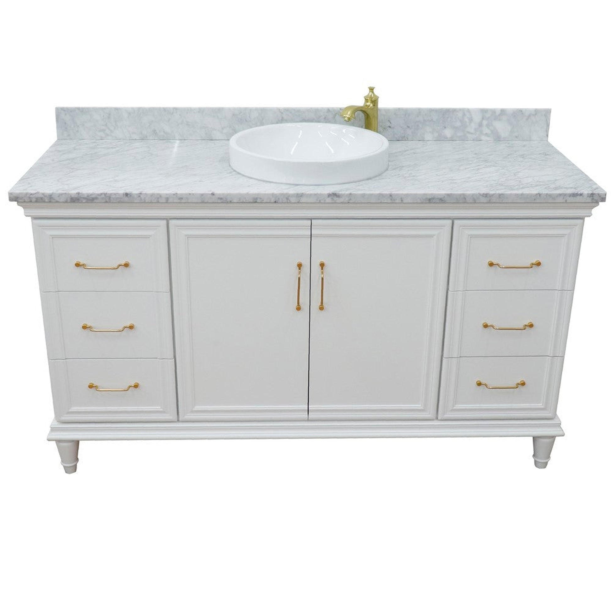 Bellaterra Home Forli 61" 2-Door 6-Drawer White Freestanding Vanity Set With Ceramic Vessel Sink and White Carrara Marble Top