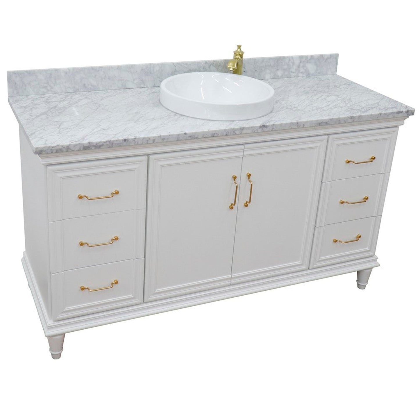 Bellaterra Home Forli 61" 2-Door 6-Drawer White Freestanding Vanity Set With Ceramic Vessel Sink and White Carrara Marble Top