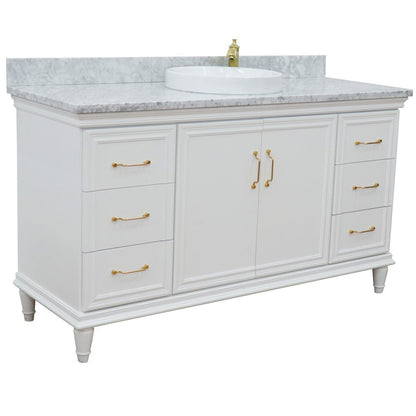 Bellaterra Home Forli 61" 2-Door 6-Drawer White Freestanding Vanity Set With Ceramic Vessel Sink and White Carrara Marble Top