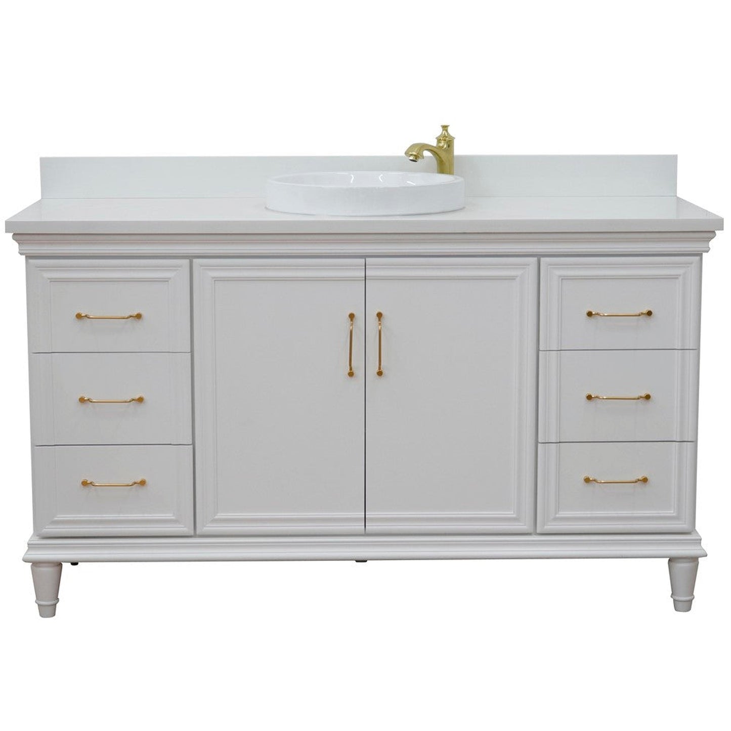 Bellaterra Home Forli 61" 2-Door 6-Drawer White Freestanding Vanity Set With Ceramic Vessel Sink and White Quartz Top