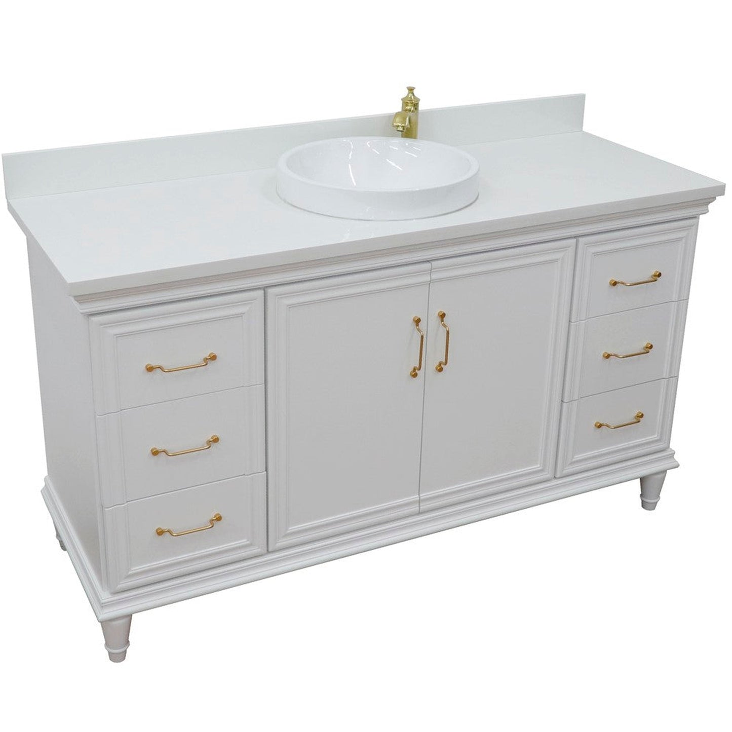 Bellaterra Home Forli 61" 2-Door 6-Drawer White Freestanding Vanity Set With Ceramic Vessel Sink and White Quartz Top