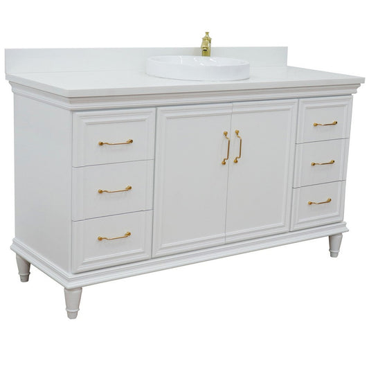 Bellaterra Home Forli 61" 2-Door 6-Drawer White Freestanding Vanity Set With Ceramic Vessel Sink and White Quartz Top