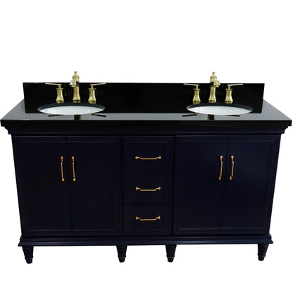 Bellaterra Home Forli 61" 4-Door 3-Drawer Blue Freestanding Vanity Set With Ceramic Double Undermount Oval Sink and Black Galaxy Granite Top