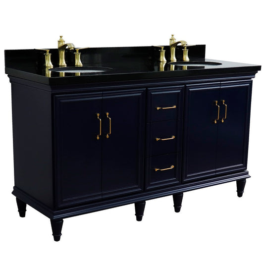 Bellaterra Home Forli 61" 4-Door 3-Drawer Blue Freestanding Vanity Set With Ceramic Double Undermount Oval Sink and Black Galaxy Granite Top