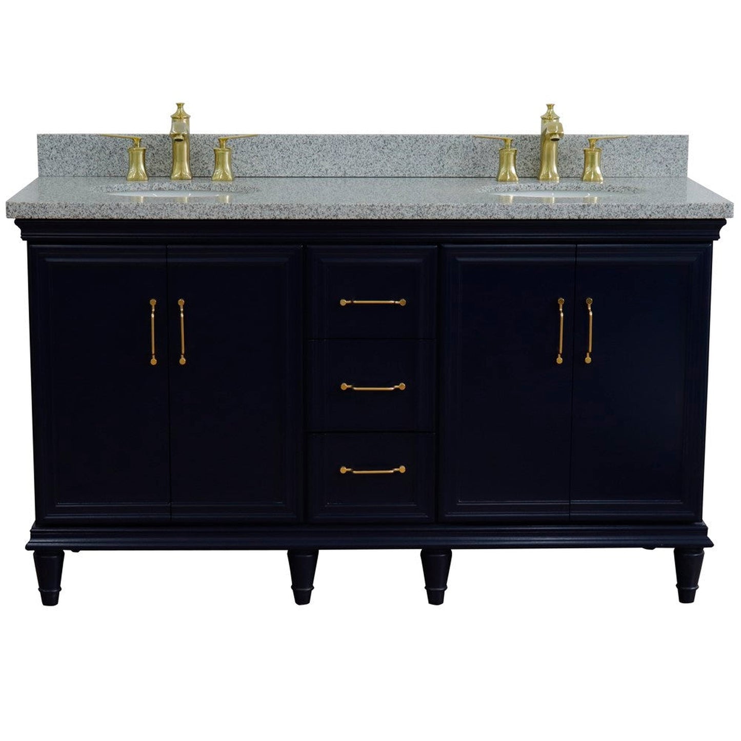 Bellaterra Home Forli 61" 4-Door 3-Drawer Blue Freestanding Vanity Set With Ceramic Double Undermount Oval Sink and Gray Granite Top