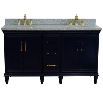 Bellaterra Home Forli 61" 4-Door 3-Drawer Blue Freestanding Vanity Set With Ceramic Double Undermount Oval Sink and Gray Granite Top