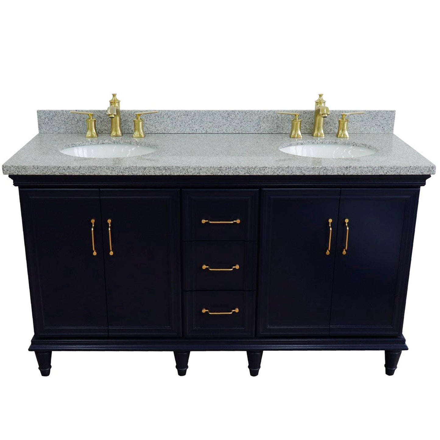 Bellaterra Home Forli 61" 4-Door 3-Drawer Blue Freestanding Vanity Set With Ceramic Double Undermount Oval Sink and Gray Granite Top