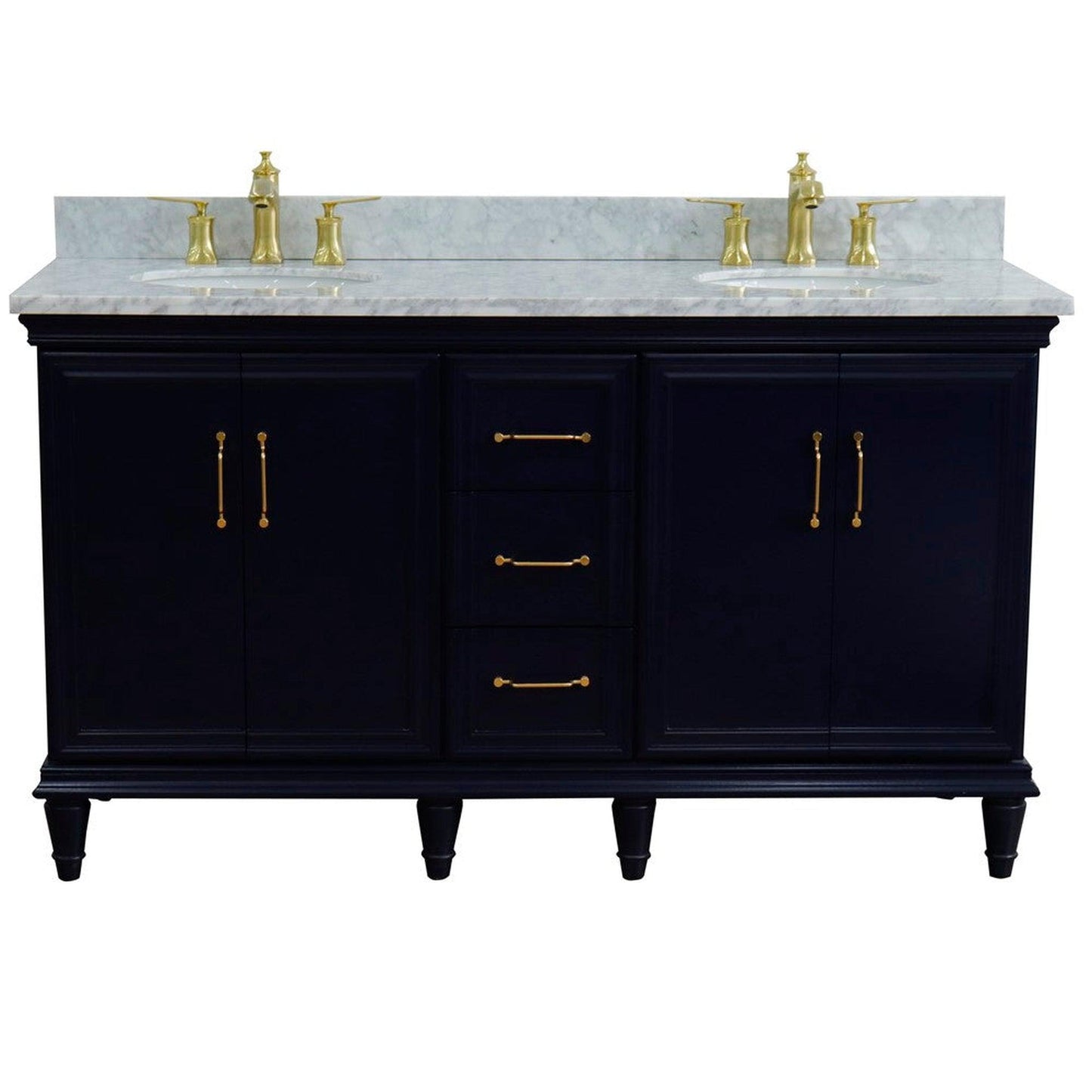 Bellaterra Home Forli 61" 4-Door 3-Drawer Blue Freestanding Vanity Set With Ceramic Double Undermount Oval Sink and White Carrara Marble Top