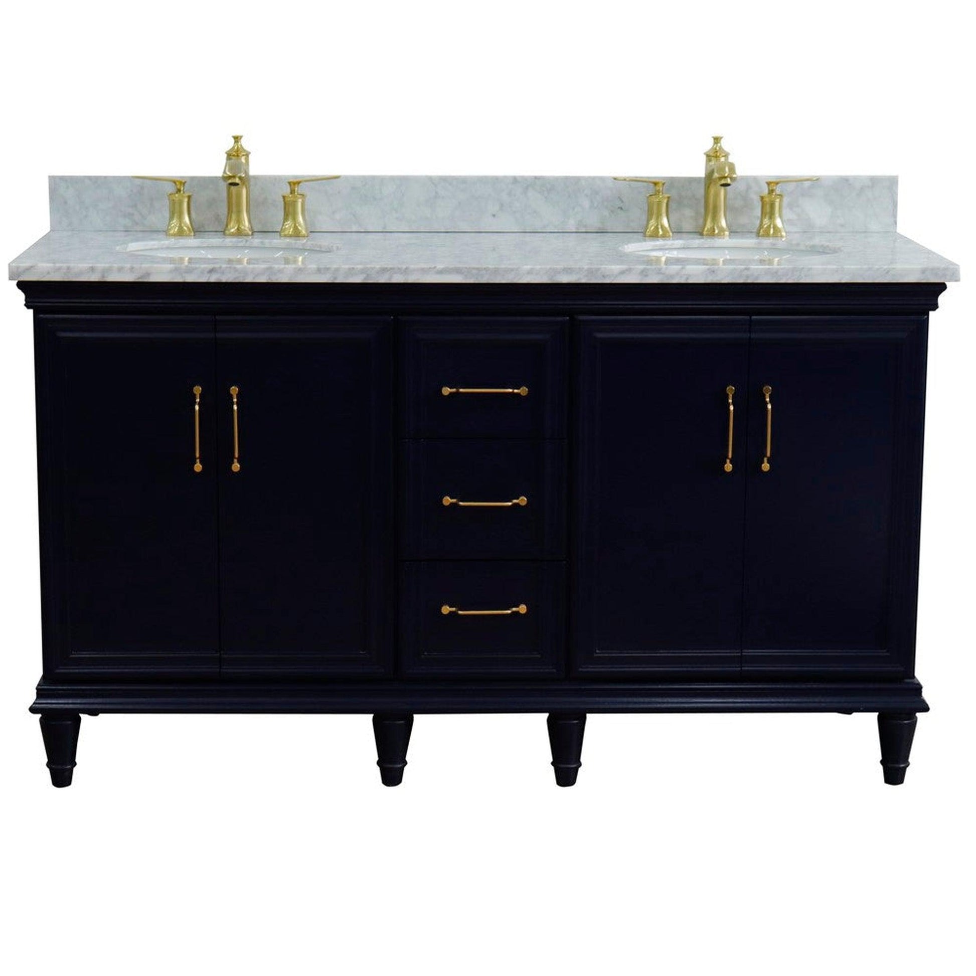 Bellaterra Home Forli 61" 4-Door 3-Drawer Blue Freestanding Vanity Set With Ceramic Double Undermount Oval Sink and White Carrara Marble Top