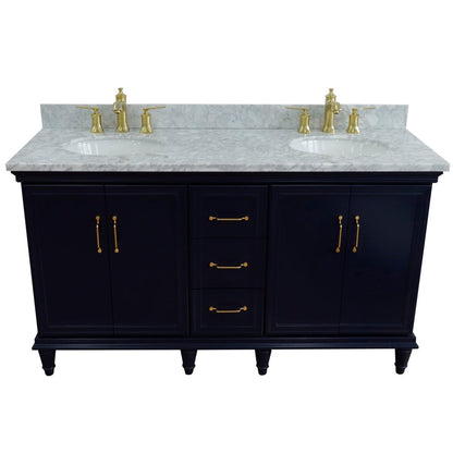 Bellaterra Home Forli 61" 4-Door 3-Drawer Blue Freestanding Vanity Set With Ceramic Double Undermount Oval Sink and White Carrara Marble Top