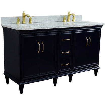 Bellaterra Home Forli 61" 4-Door 3-Drawer Blue Freestanding Vanity Set With Ceramic Double Undermount Oval Sink and White Carrara Marble Top